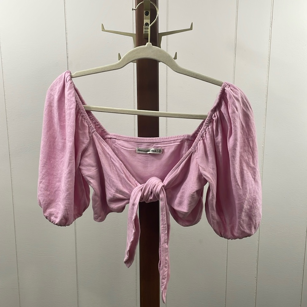 Abercrombie & Fitch Pink Linen Blend Crop Top Tie Front Short Puff Sleeves